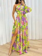 One-Shoulder Floral Chiffon Maxi Dress with High Slit