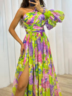 One-Shoulder Floral Chiffon Maxi Dress with High Slit