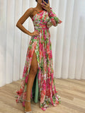 One-Shoulder Floral Chiffon Maxi Dress with High Slit