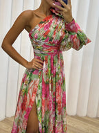 One-Shoulder Floral Chiffon Maxi Dress with High Slit