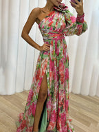 One-Shoulder Floral Chiffon Maxi Dress with High Slit