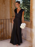 V-Neck Cap Sleeve Satin Maxi Dress with Elegant Pleated Bodice