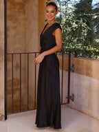 V-Neck Cap Sleeve Satin Maxi Dress with Elegant Pleated Bodice