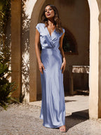 V-Neck Cap Sleeve Satin Maxi Dress with Elegant Pleated Bodice