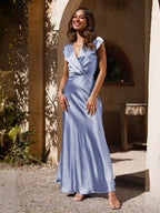 V-Neck Cap Sleeve Satin Maxi Dress with Elegant Pleated Bodice