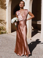 V-Neck Cap Sleeve Satin Maxi Dress with Elegant Pleated Bodice