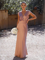 V-Neck Cap Sleeve Satin Maxi Dress with Elegant Pleated Bodice