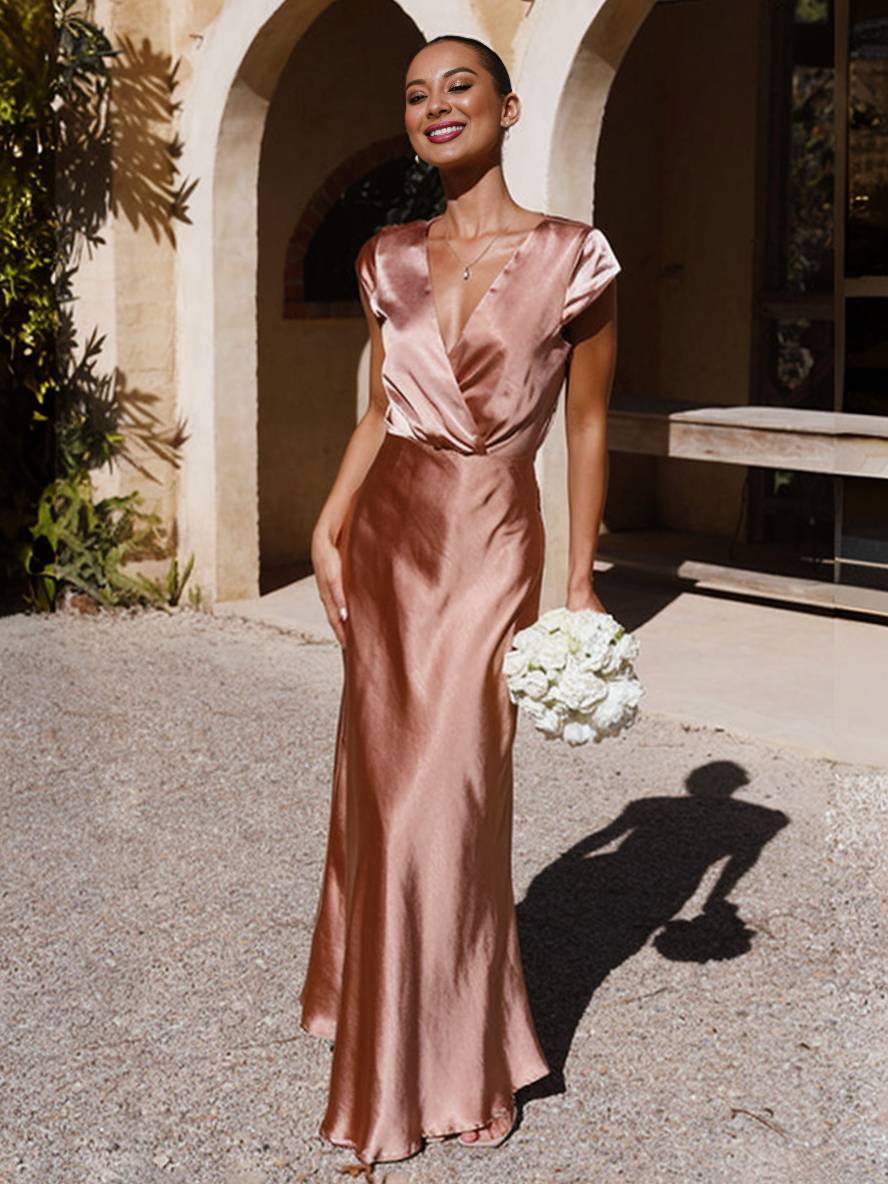 V-Neck Cap Sleeve Satin Maxi Dress with Elegant Pleated Bodice