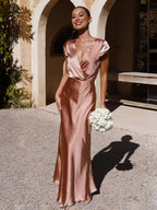V-Neck Cap Sleeve Satin Maxi Dress with Elegant Pleated Bodice