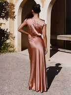 V-Neck Cap Sleeve Satin Maxi Dress with Elegant Pleated Bodice
