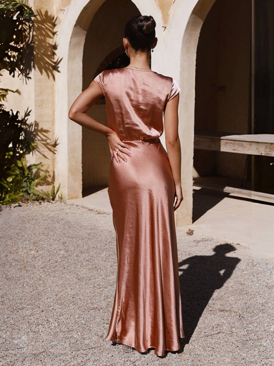 V-Neck Cap Sleeve Satin Maxi Dress with Elegant Pleated Bodice