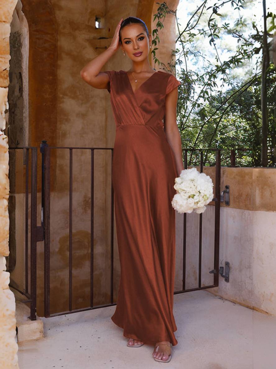 V-Neck Cap Sleeve Satin Maxi Dress with Elegant Pleated Bodice