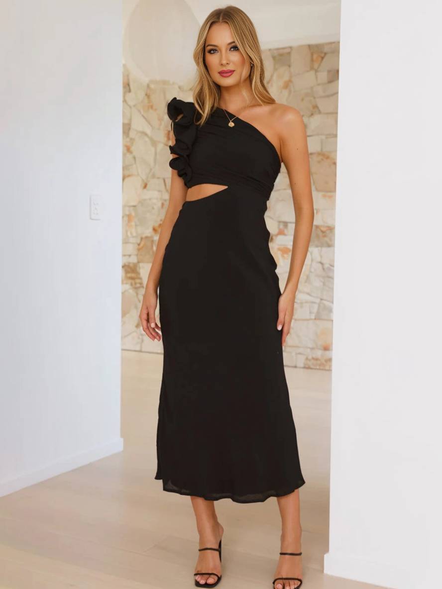 One-Shoulder Ruffle Sleeve Formal Maxi Dress