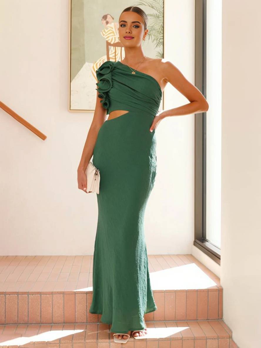 One-Shoulder Ruffle Sleeve Formal Maxi Dress