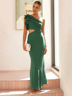 One-Shoulder Ruffle Sleeve Formal Maxi Dress