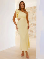 One-Shoulder Ruffle Sleeve Formal Maxi Dress