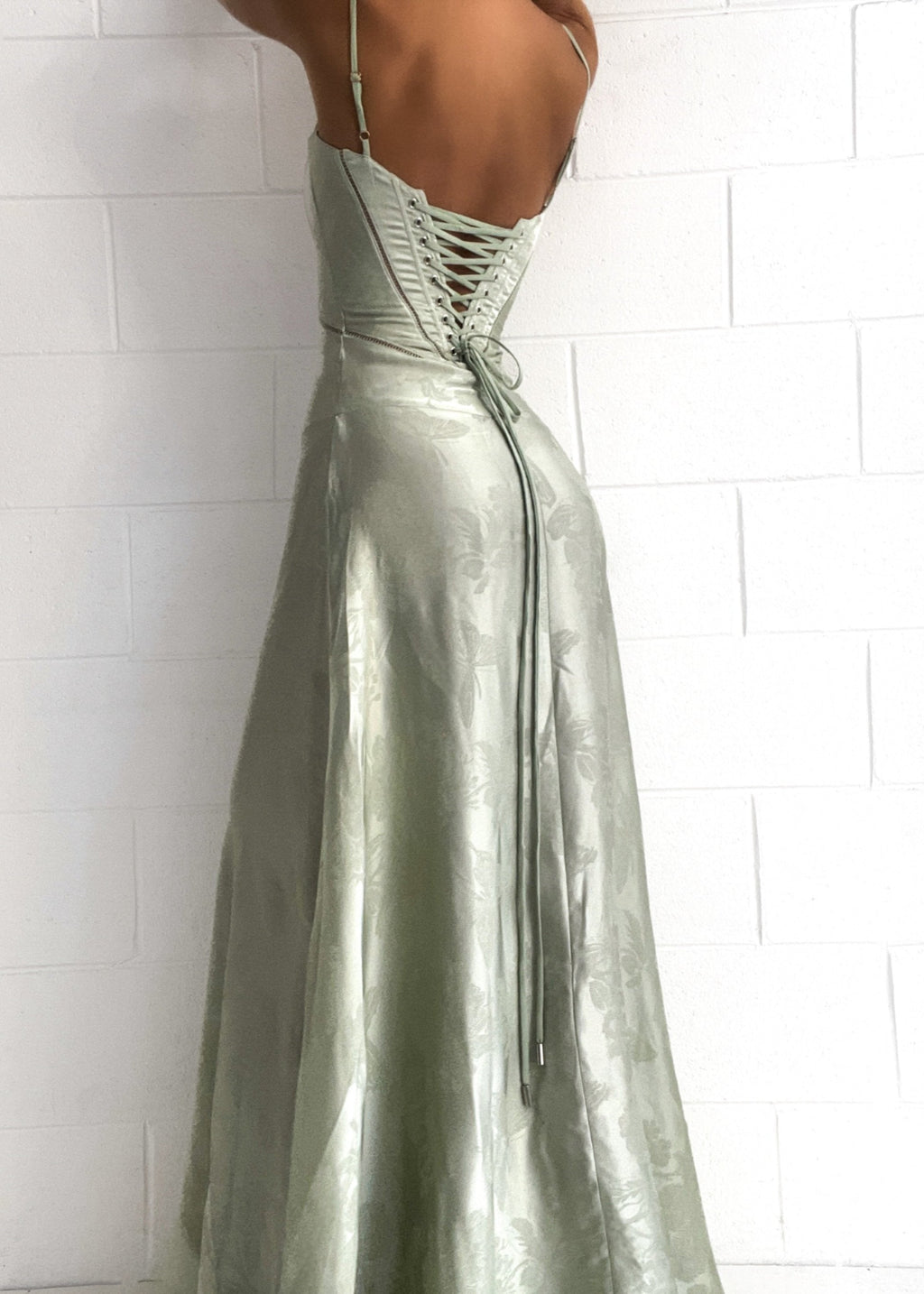 Satin Corset-Back Maxi Dress with Cowl Neck