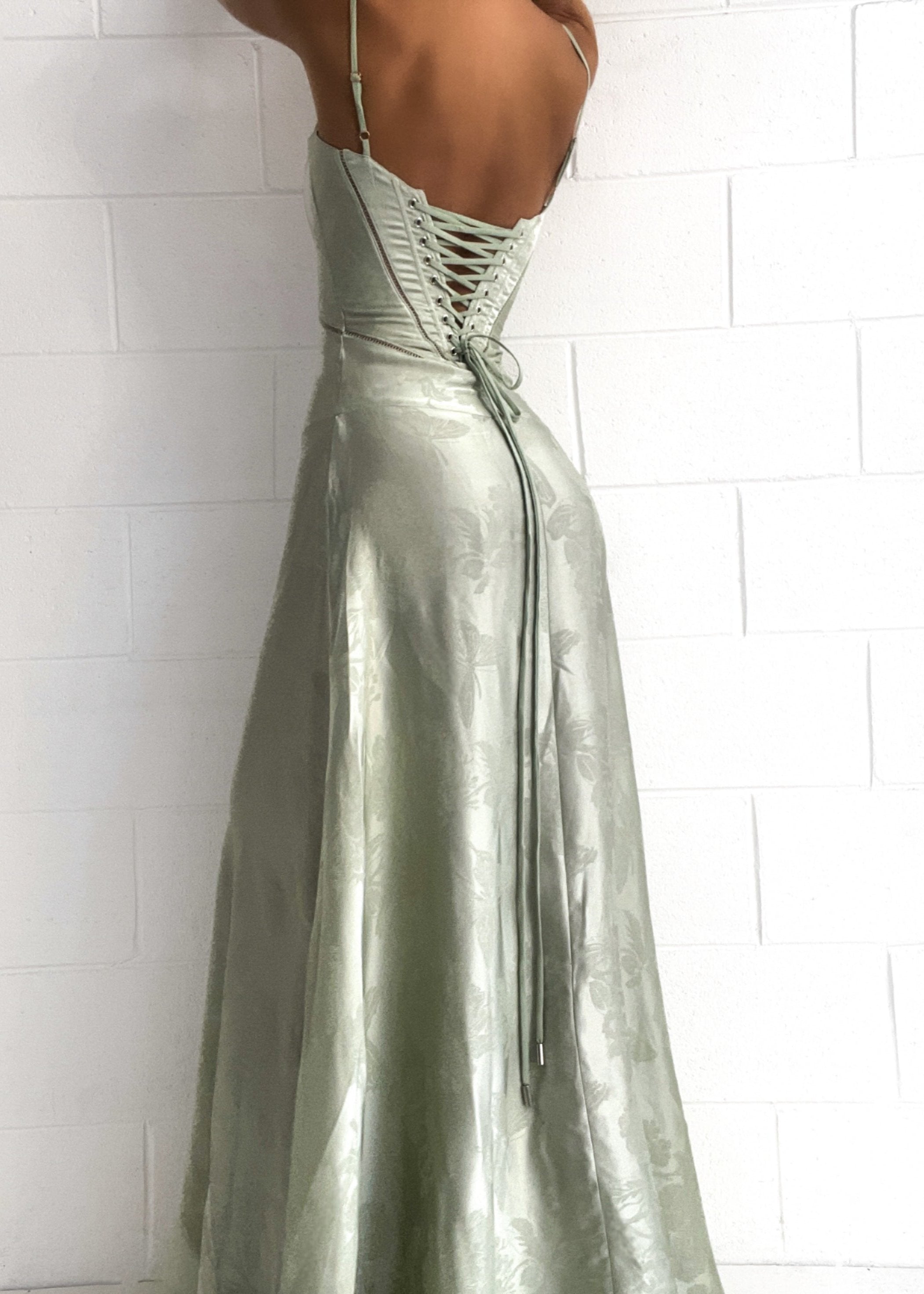 Satin Corset-Back Maxi Dress with Cowl Neck
