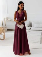 Sleeveless Draped V-Neck Maxi Dress with Flowing Skirt
