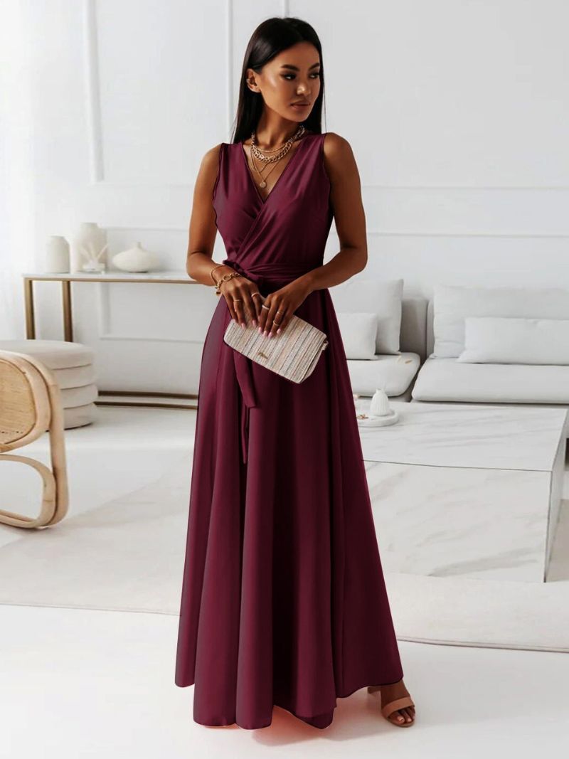 Sleeveless Draped V-Neck Maxi Dress with Flowing Skirt
