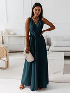 Sleeveless Draped V-Neck Maxi Dress with Flowing Skirt