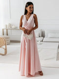 Sleeveless Draped V-Neck Maxi Dress with Flowing Skirt
