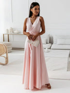 Sleeveless Draped V-Neck Maxi Dress with Flowing Skirt