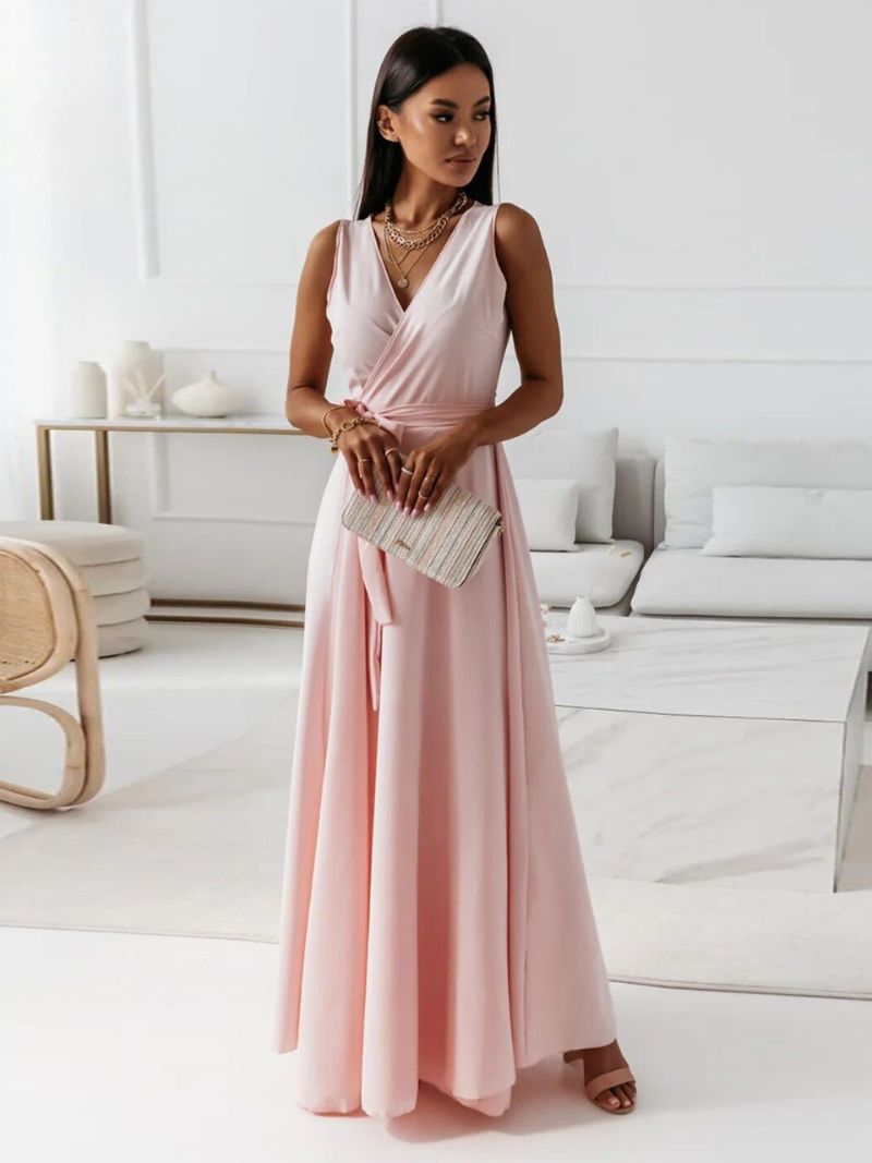 Sleeveless Draped V-Neck Maxi Dress with Flowing Skirt