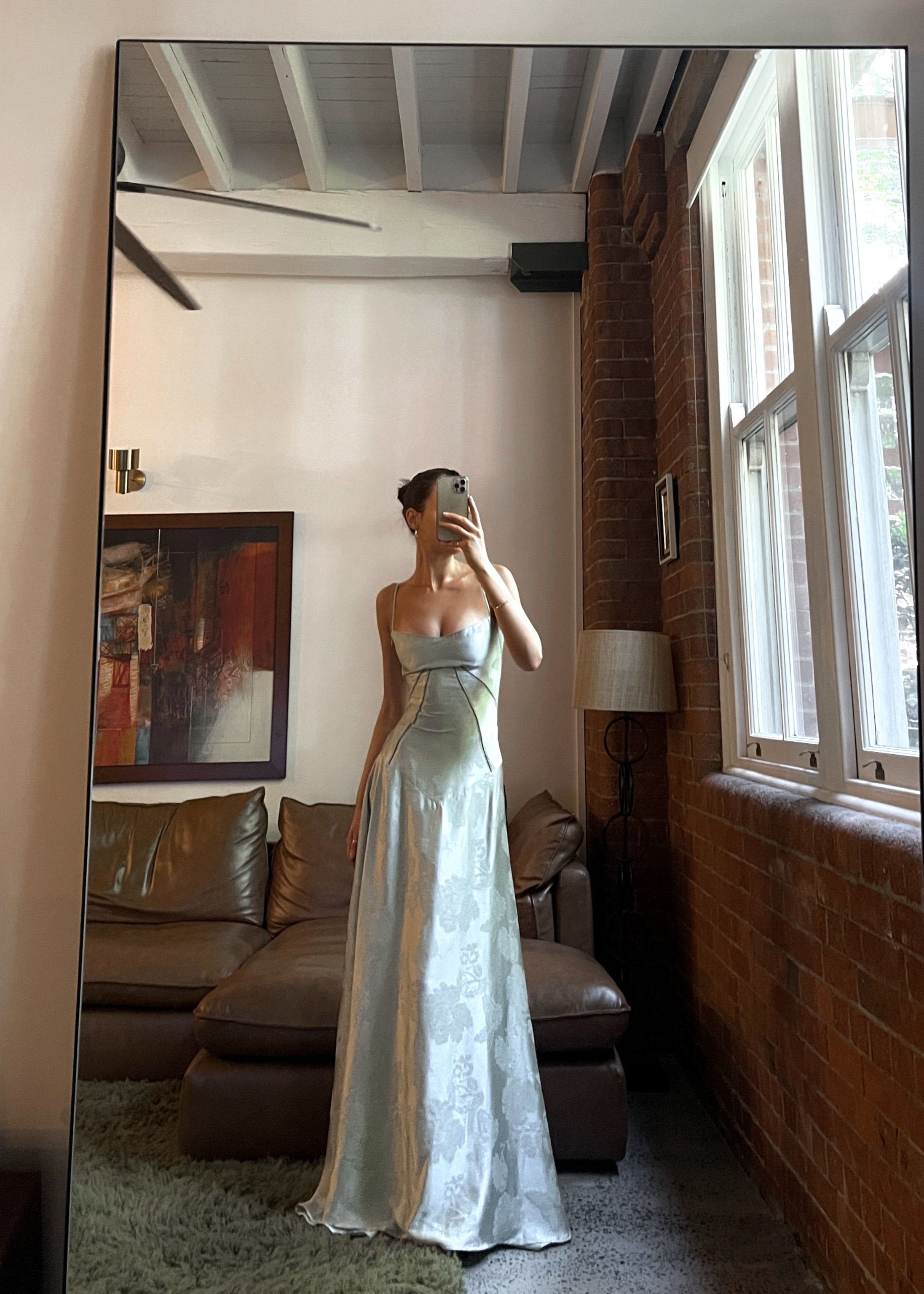 Satin Corset-Back Maxi Dress with Cowl Neck