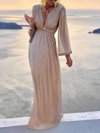 Shimmer Long Sleeve Maxi Dress with Wrap Waist