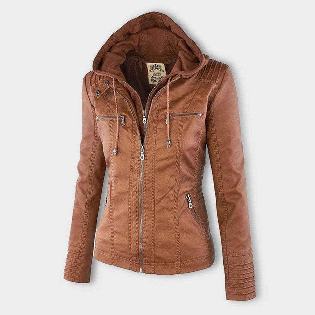 Women’s Faux Leather Hooded Moto Jacket – Slim Fit Zip-Up Outerwear
