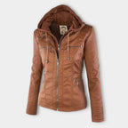 Women’s Faux Leather Hooded Moto Jacket – Slim Fit Zip-Up Outerwear