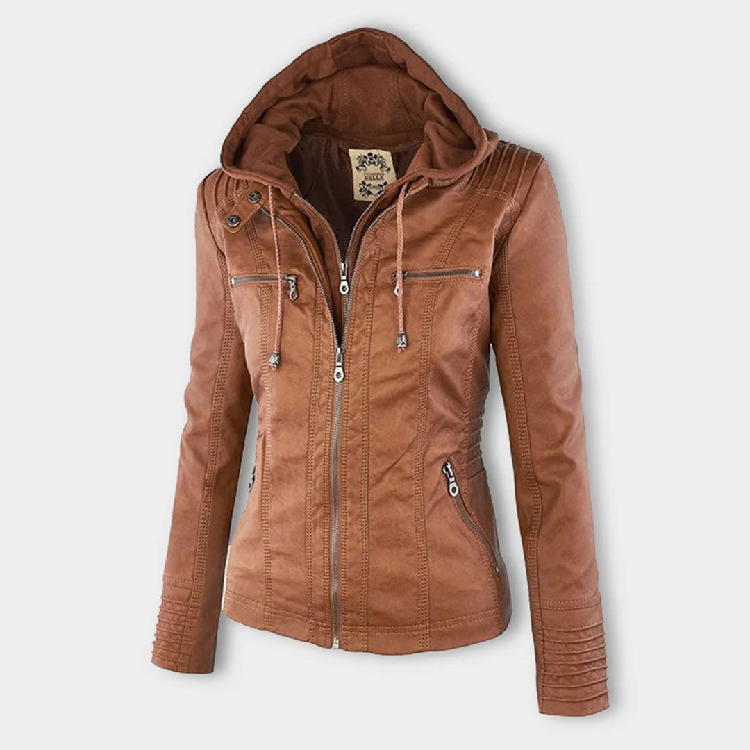 Women’s Faux Leather Hooded Moto Jacket – Slim Fit Zip-Up Outerwear