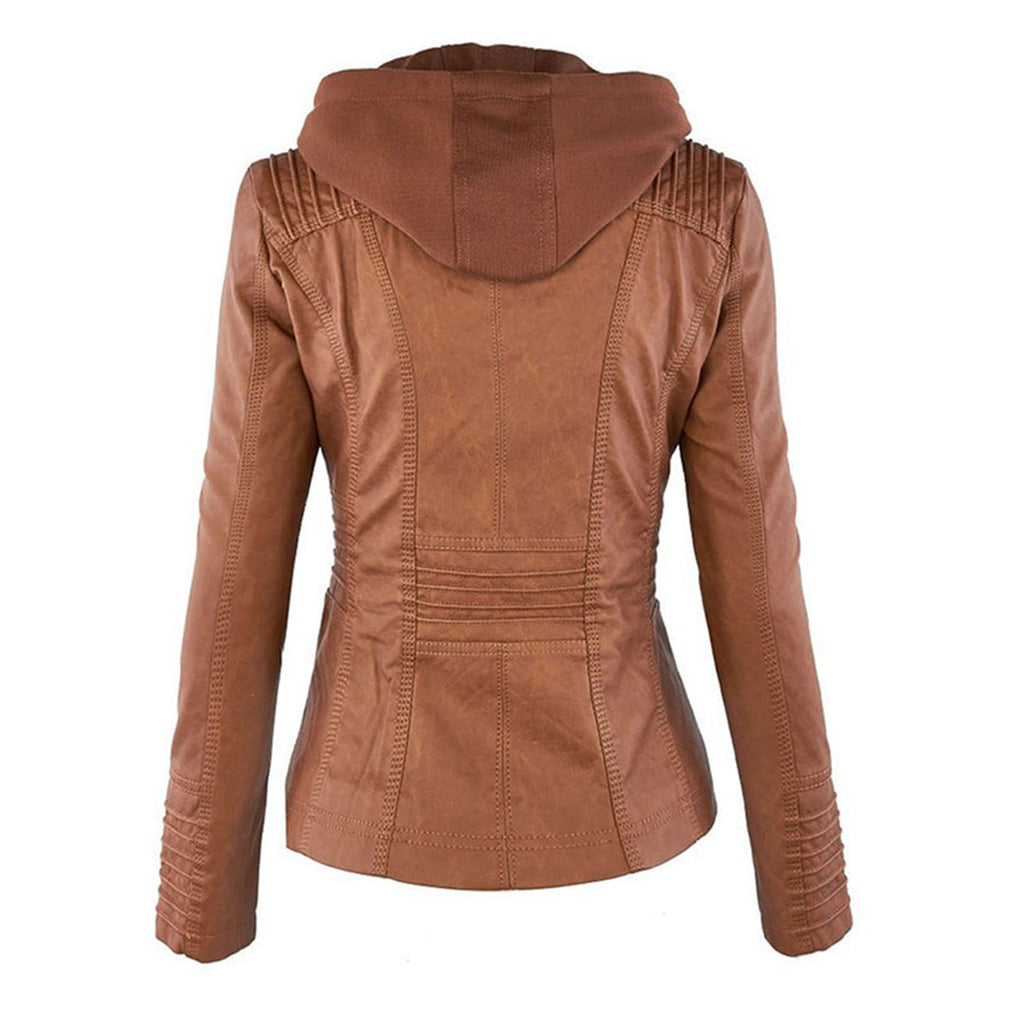 Women’s Faux Leather Hooded Moto Jacket – Slim Fit Zip-Up Outerwear