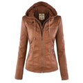 Women’s Faux Leather Hooded Moto Jacket – Slim Fit Zip-Up Outerwear