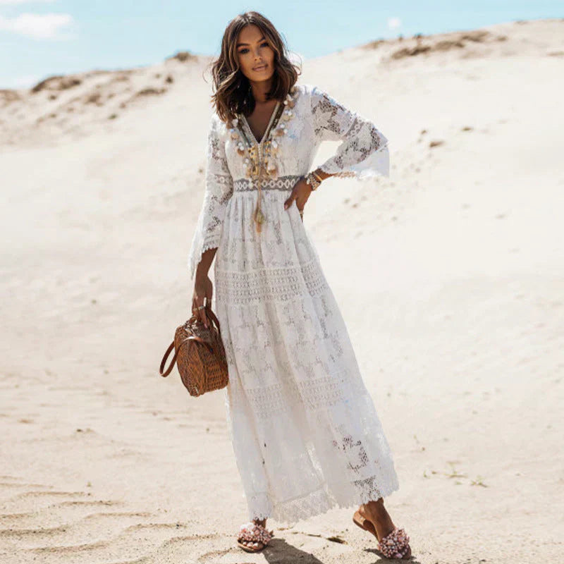 Boho Embroidered Lace Maxi Dress with Flowy Sleeves