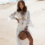 Boho Embroidered Lace Maxi Dress with Flowy Sleeves