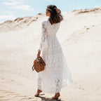 Boho Embroidered Lace Maxi Dress with Flowy Sleeves