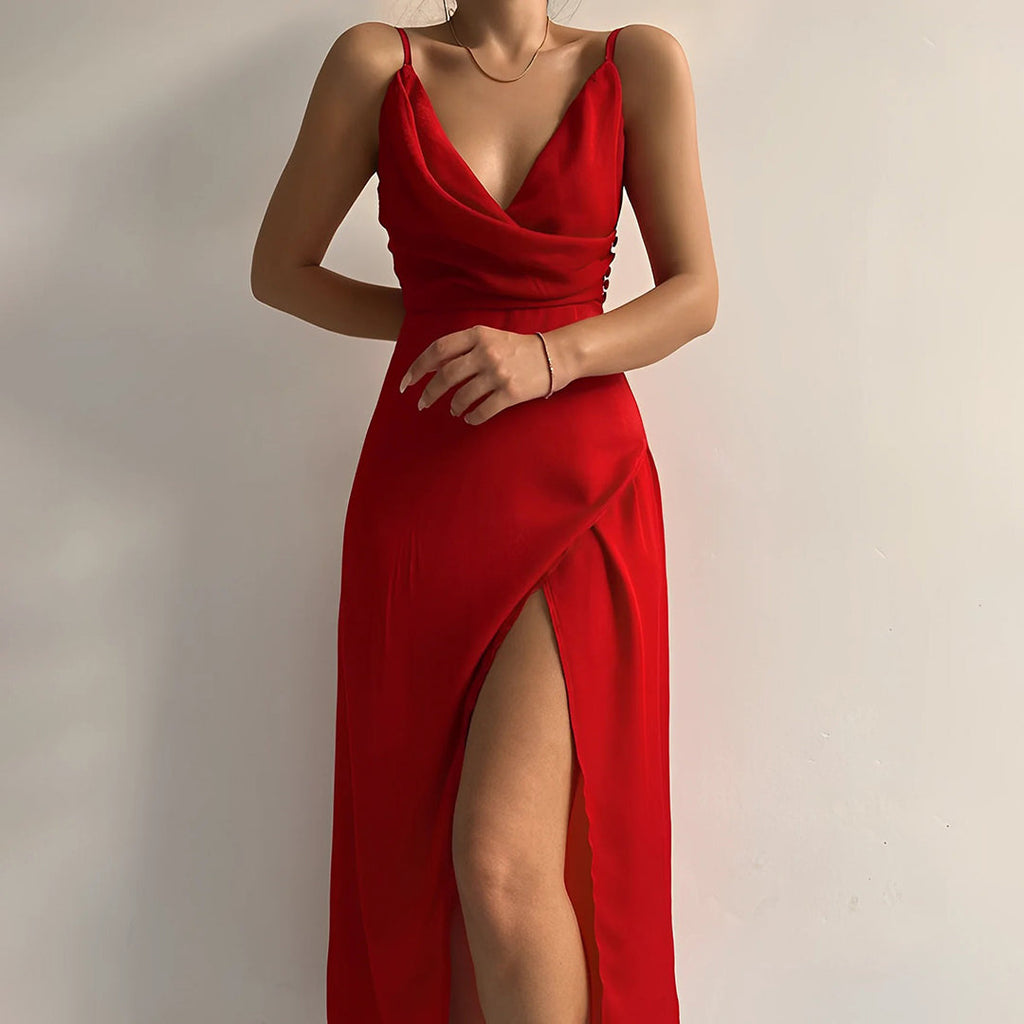 Satin Cowl Neck Spaghetti Strap Maxi Dress with High Slit