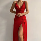 Satin Cowl Neck Spaghetti Strap Maxi Dress with High Slit