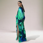 Artistic Print Satin Maxi Dress with Flowy Sleeves