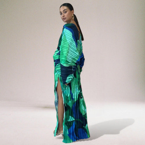 Artistic Print Satin Maxi Dress with Flowy Sleeves