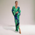 Artistic Print Satin Maxi Dress with Flowy Sleeves