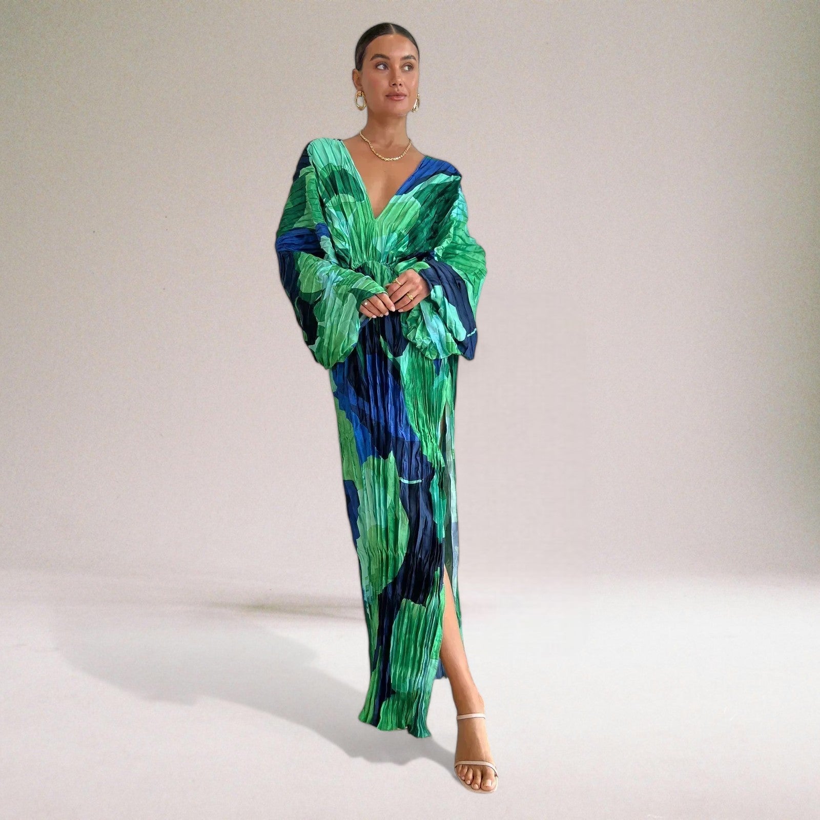 Artistic Print Satin Maxi Dress with Flowy Sleeves