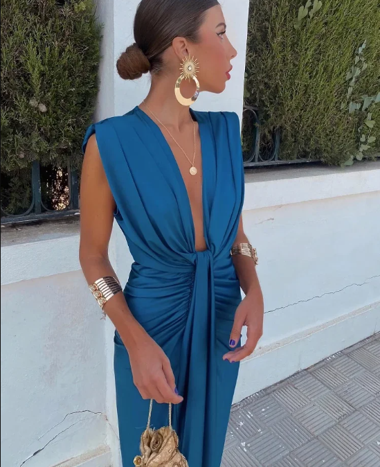 Draped Sleeveless Midi Dress with Deep V Neck and Front Knot