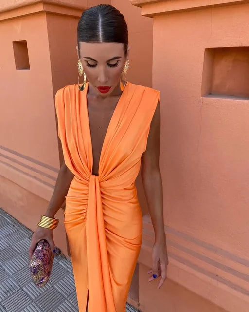 Draped Sleeveless Midi Dress with Deep V Neck and Front Knot