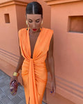 Draped Sleeveless Midi Dress with Deep V Neck and Front Knot