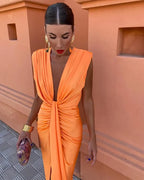 Draped Sleeveless Midi Dress with Deep V Neck and Front Knot