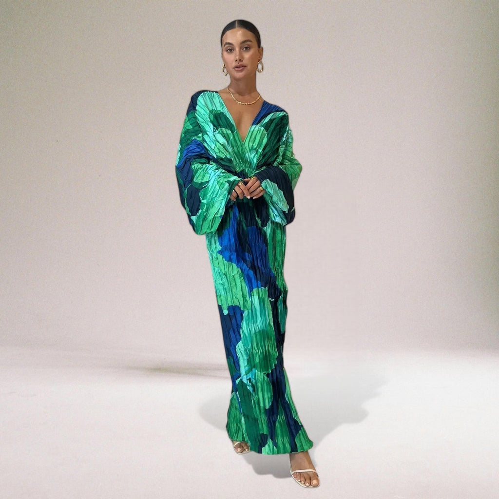 Artistic Print Satin Maxi Dress with Flowy Sleeves
