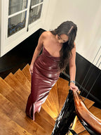 Elegant Strapless Faux Leather Bodycon Evening Dress